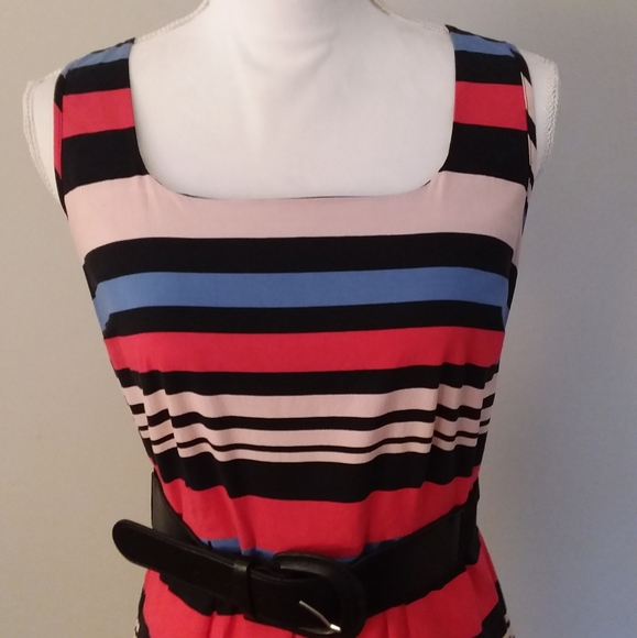 Venus Multi Color Stripe Dress w/Wide Black Belt - Picture 2 of 9